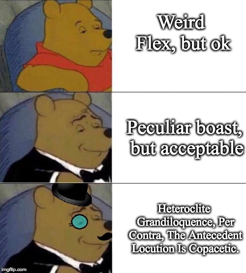 Weird Flex, but ok; Peculiar boast, but acceptable; Heteroclite Grandiloquence, Per Contra, The Antecedent Locution Is Copacetic. | image tagged in weird flex but ok | made w/ Imgflip meme maker