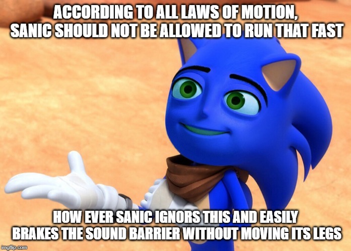 The Sanic Movie | ACCORDING TO ALL LAWS OF MOTION, SANIC SHOULD NOT BE ALLOWED TO RUN THAT FAST; HOW EVER SANIC IGNORS THIS AND EASILY BRAKES THE SOUND BARRIER WITHOUT MOVING ITS LEGS | image tagged in the sanic movie | made w/ Imgflip meme maker
