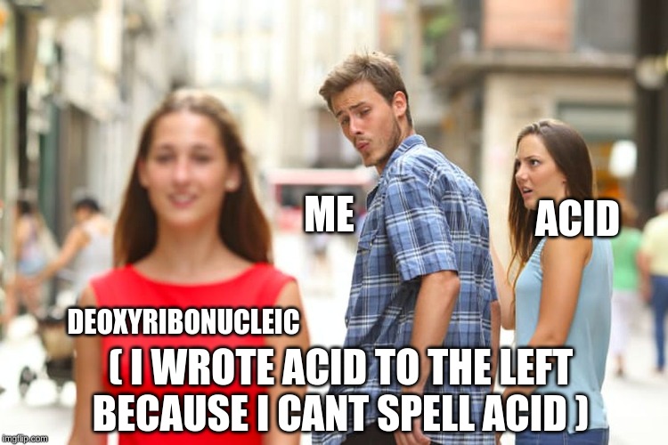 Distracted Boyfriend | ME; ACID; DEOXYRIBONUCLEIC; ( I WROTE ACID TO THE LEFT BECAUSE I CANT SPELL ACID ) | image tagged in memes,distracted boyfriend | made w/ Imgflip meme maker