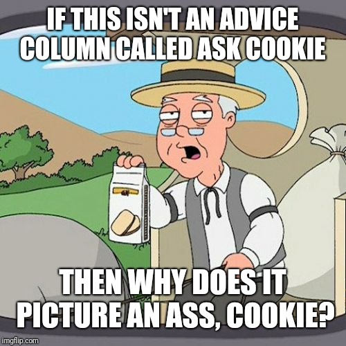 Pepperidge Farm Remembers Meme | IF THIS ISN'T AN ADVICE COLUMN CALLED ASK COOKIE; THEN WHY DOES IT PICTURE AN ASS, COOKIE? | image tagged in memes,pepperidge farm remembers | made w/ Imgflip meme maker