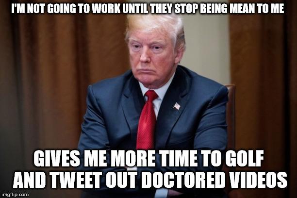 Man Baby Trump | I'M NOT GOING TO WORK UNTIL THEY STOP BEING MEAN TO ME; GIVES ME MORE TIME TO GOLF AND TWEET OUT DOCTORED VIDEOS | image tagged in man baby trump | made w/ Imgflip meme maker