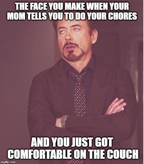 Face You Make Robert Downey Jr Meme | THE FACE YOU MAKE WHEN YOUR MOM TELLS YOU TO DO YOUR CHORES; AND YOU JUST GOT COMFORTABLE ON THE COUCH | image tagged in memes,face you make robert downey jr | made w/ Imgflip meme maker
