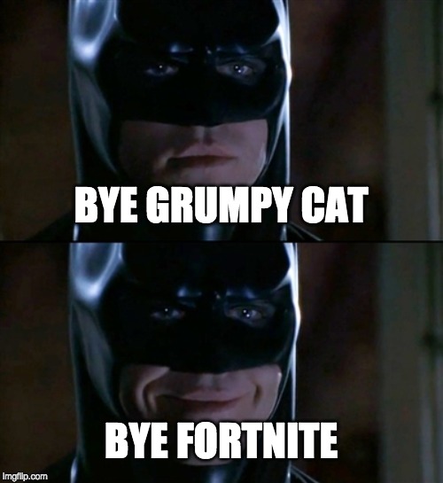 Batman Smiles Meme | BYE GRUMPY CAT; BYE FORTNITE | image tagged in memes,batman smiles | made w/ Imgflip meme maker