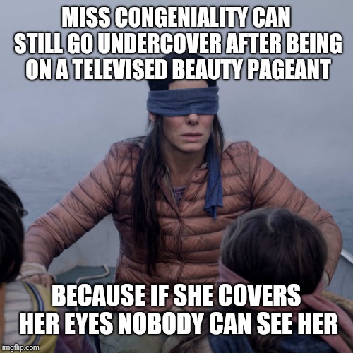 Bird Box | MISS CONGENIALITY CAN STILL GO UNDERCOVER AFTER BEING ON A TELEVISED BEAUTY PAGEANT; BECAUSE IF SHE COVERS HER EYES NOBODY CAN SEE HER | image tagged in memes,bird box | made w/ Imgflip meme maker