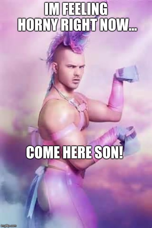 Gay Unicorn | IM FEELING HORNY RIGHT NOW... COME HERE SON! | image tagged in gay unicorn | made w/ Imgflip meme maker