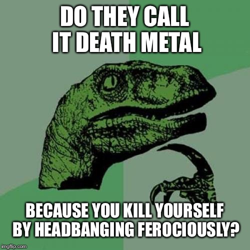 I just had this idea so I had to post it. | DO THEY CALL IT DEATH METAL; BECAUSE YOU KILL YOURSELF BY HEADBANGING FEROCIOUSLY? | image tagged in memes,philosoraptor | made w/ Imgflip meme maker
