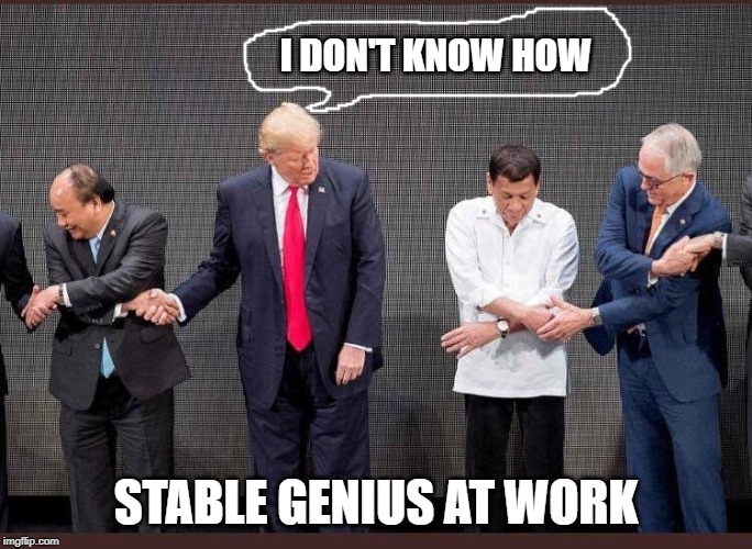 "very stable genius" who was "like, very smart" | I DON'T KNOW HOW; STABLE GENIUS AT WORK | image tagged in very stable genius who was like very smart | made w/ Imgflip meme maker