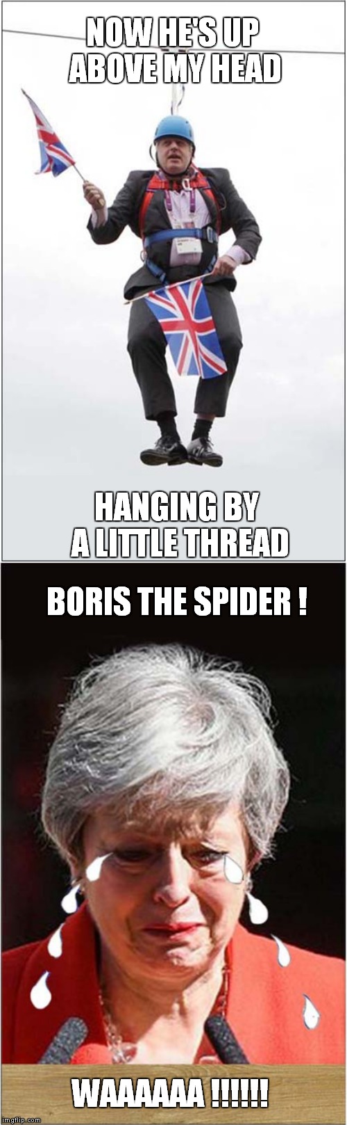 Be Afraid ... Very Afraid ... | NOW HE'S UP ABOVE MY HEAD; HANGING BY A LITTLE THREAD; BORIS THE SPIDER ! WAAAAAA !!!!!! | image tagged in theresa may,boris johnson,politics | made w/ Imgflip meme maker