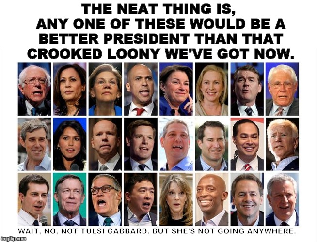 THE NEAT THING IS, ANY ONE OF THESE WOULD BE A BETTER PRESIDENT THAN THAT CROOKED LOONY WE'VE GOT NOW. WAIT, NO, NOT TULSI GABBARD. BUT SHE'S NOT GOING ANYWHERE. | image tagged in trump,democrat,biden,harris,o'rourke,buttigeig | made w/ Imgflip meme maker