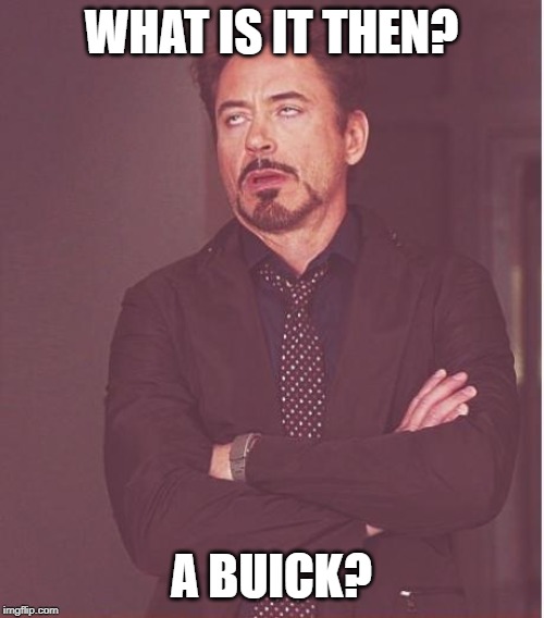 Face You Make Robert Downey Jr Meme | WHAT IS IT THEN? A BUICK? | image tagged in memes,face you make robert downey jr | made w/ Imgflip meme maker