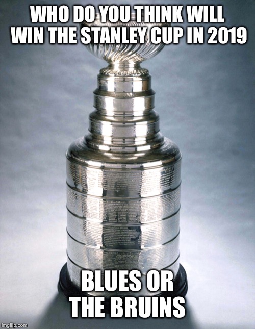 Stanley Cup | WHO DO YOU THINK WILL WIN THE STANLEY CUP IN 2019; BLUES OR THE BRUINS | image tagged in stanley cup | made w/ Imgflip meme maker