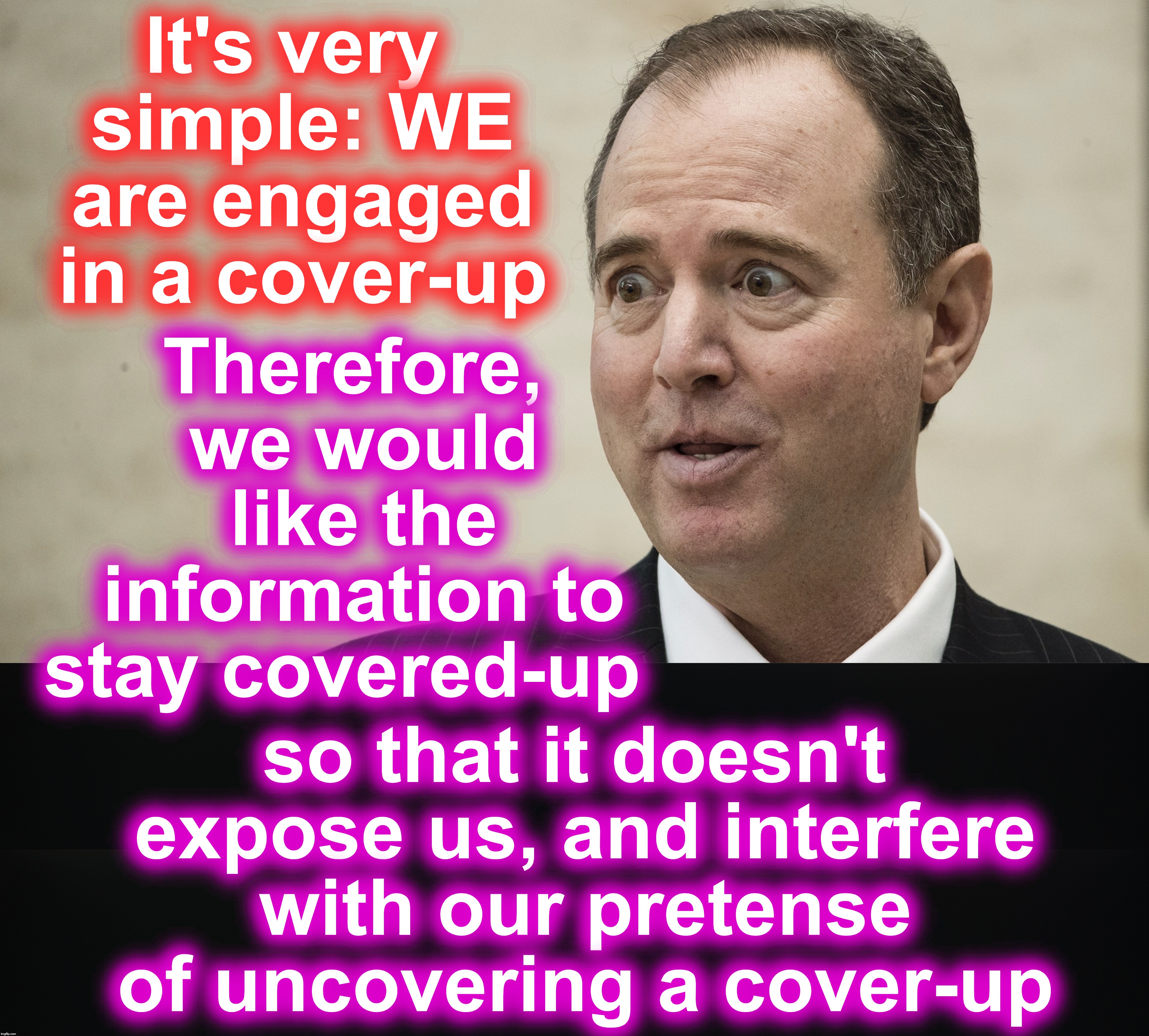 It's very simple: WE are engaged in a cover-up; Therefore, we would like the information to stay covered-up; so that it doesn't expose us, and interfere with our pretense of uncovering a cover-up | image tagged in cover up,adam schiff | made w/ Imgflip meme maker
