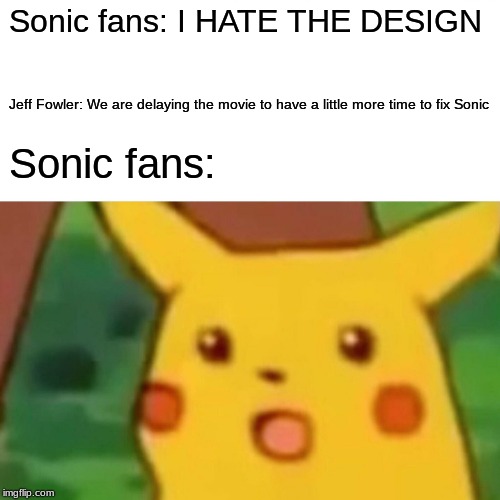 We did it | Sonic fans: I HATE THE DESIGN; Jeff Fowler: We are delaying the movie to have a little more time to fix Sonic; Sonic fans: | image tagged in memes,surprised pikachu | made w/ Imgflip meme maker