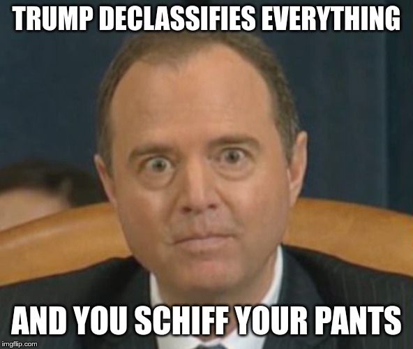 Crazy Adam Schiff | TRUMP DECLASSIFIES EVERYTHING; AND YOU SCHIFF YOUR PANTS | image tagged in crazy adam schiff | made w/ Imgflip meme maker