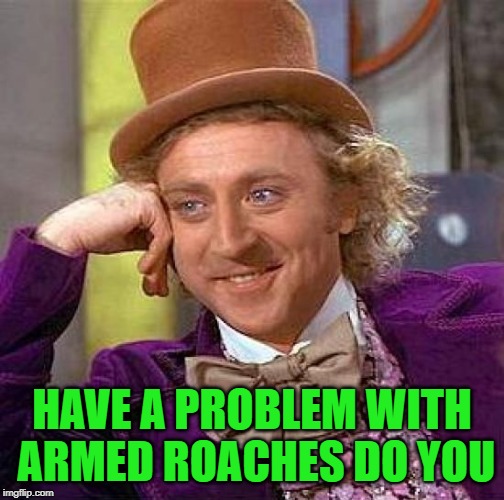 Creepy Condescending Wonka Meme | HAVE A PROBLEM WITH ARMED ROACHES DO YOU | image tagged in memes,creepy condescending wonka | made w/ Imgflip meme maker