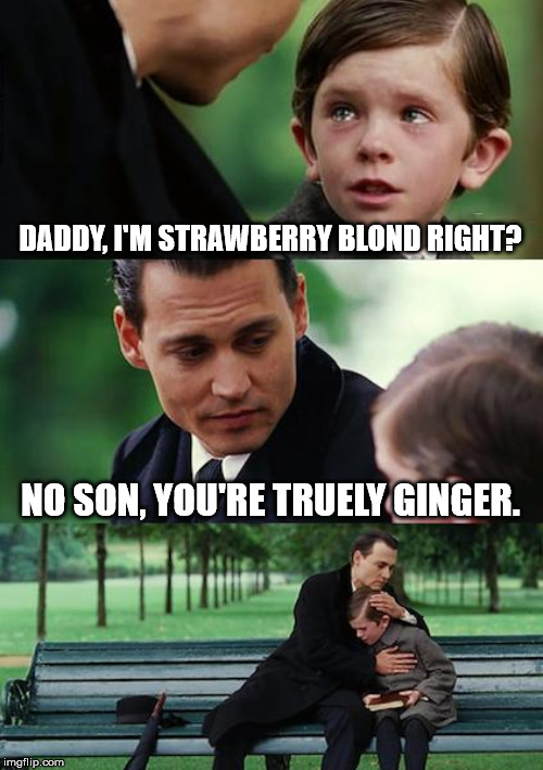 Finding Neverland Meme | DADDY, I'M STRAWBERRY BLOND RIGHT? NO SON, YOU'RE TRUELY GINGER. | image tagged in memes,finding neverland | made w/ Imgflip meme maker