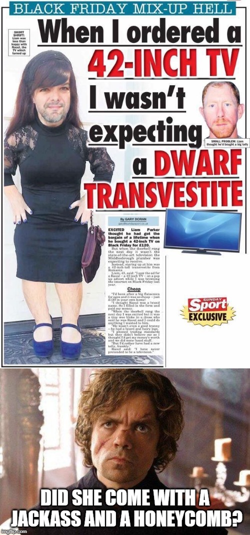 Yeah, that's not even close there...... | DID SHE COME WITH A JACKASS AND A HONEYCOMB? | image tagged in unimpressed tyrion | made w/ Imgflip meme maker