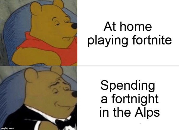 Tuxedo Winnie The Pooh Meme | At home playing fortnite; Spending a fortnight in the Alps | image tagged in memes,tuxedo winnie the pooh,fortnite | made w/ Imgflip meme maker