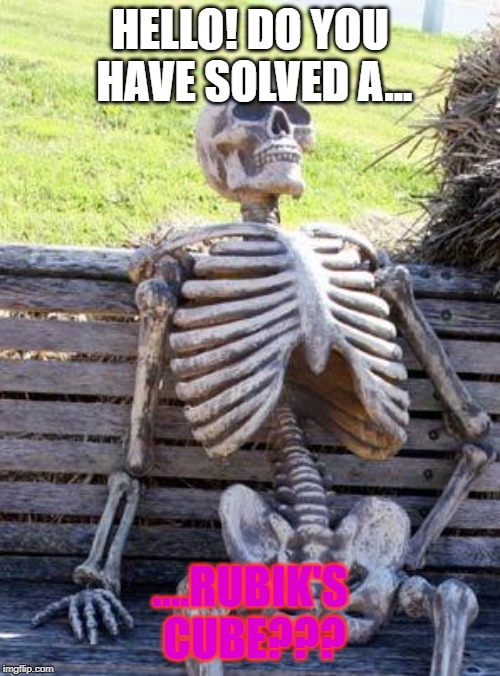Waiting Skeleton Meme | HELLO! DO YOU HAVE SOLVED A... ....RUBIK'S CUBE??? | image tagged in memes,waiting skeleton | made w/ Imgflip meme maker