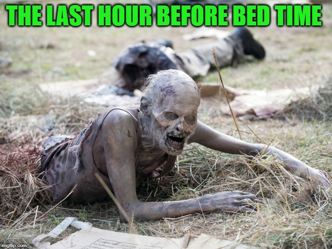 The Walking Dead Crawling Zombie | THE LAST HOUR BEFORE BED TIME | image tagged in the walking dead crawling zombie | made w/ Imgflip meme maker