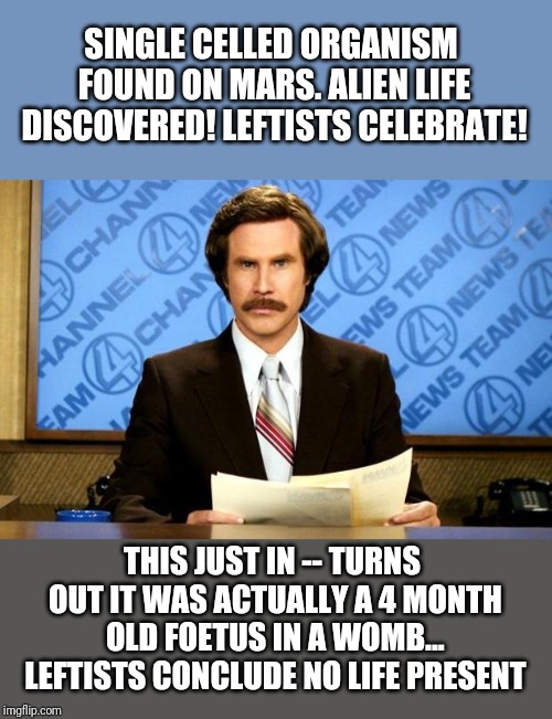 BREAKING NEWS | SINGLE CELLED ORGANISM FOUND ON MARS. ALIEN LIFE DISCOVERED! LEFTISTS CELEBRATE! THIS JUST IN -- TURNS OUT IT WAS ACTUALLY A 4 MONTH OLD FOETUS IN A WOMB... LEFTISTS CONCLUDE NO LIFE PRESENT | image tagged in breaking news | made w/ Imgflip meme maker