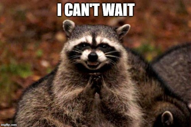Evil Plotting Raccoon Meme | I CAN'T WAIT | image tagged in memes,evil plotting raccoon | made w/ Imgflip meme maker