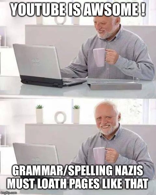 Hide the Pain Harold Meme | YOUTUBE IS AWSOME ! GRAMMAR/SPELLING NAZIS MUST LOATH PAGES LIKE THAT | image tagged in memes,hide the pain harold | made w/ Imgflip meme maker