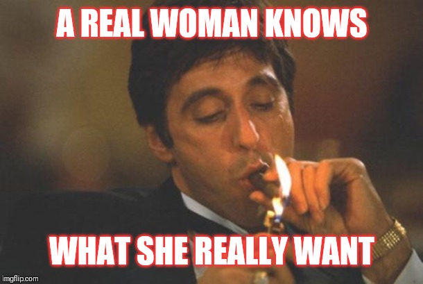 Jroc113 | A REAL WOMAN KNOWS; WHAT SHE REALLY WANT | image tagged in scarface serious | made w/ Imgflip meme maker