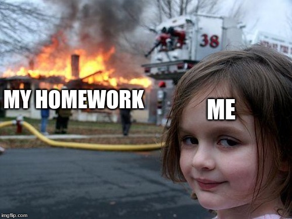 Disaster Girl | ME; MY HOMEWORK | image tagged in memes,disaster girl | made w/ Imgflip meme maker