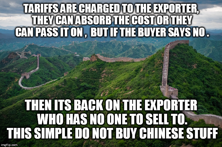 great wall of china | TARIFFS ARE CHARGED TO THE EXPORTER, THEY CAN ABSORB THE COST OR THEY CAN PASS IT ON ,  BUT IF THE BUYER SAYS NO . THEN ITS BACK ON THE EXPORTER WHO HAS NO ONE TO SELL TO. THIS SIMPLE DO NOT BUY CHINESE STUFF | image tagged in great wall of china | made w/ Imgflip meme maker