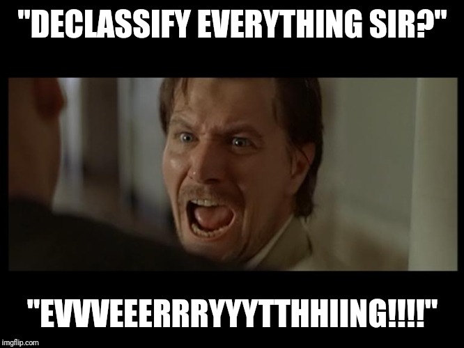 Gary Oldman Everyone | "DECLASSIFY EVERYTHING SIR?"; "EVVVEEERRRYYYTTHHIING!!!!" | image tagged in gary oldman everyone | made w/ Imgflip meme maker