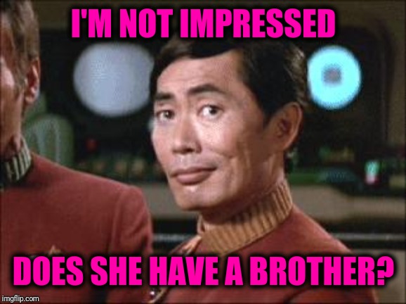 Sulu Oh My | I'M NOT IMPRESSED DOES SHE HAVE A BROTHER? | image tagged in sulu oh my | made w/ Imgflip meme maker