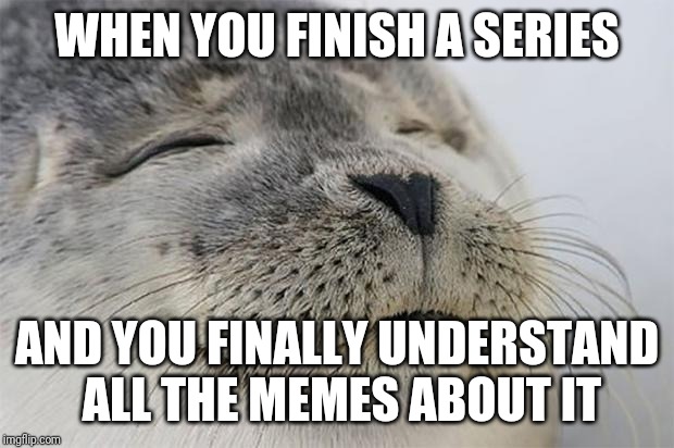 Any series, really | WHEN YOU FINISH A SERIES; AND YOU FINALLY UNDERSTAND ALL THE MEMES ABOUT IT | image tagged in memes,satisfied seal,binge watching,television | made w/ Imgflip meme maker