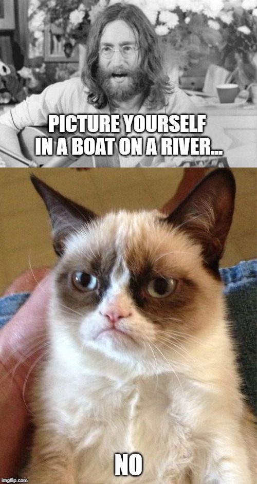 PICTURE YOURSELF IN A BOAT ON A RIVER... NO | image tagged in memes,grumpy cat,angry john lennon | made w/ Imgflip meme maker