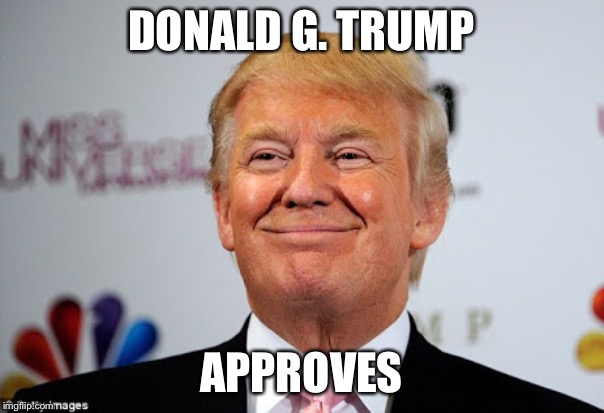 Donald trump approves | DONALD G. TRUMP APPROVES | image tagged in donald trump approves | made w/ Imgflip meme maker