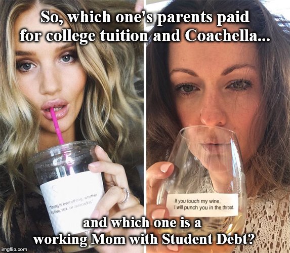 It depends on which side of the 1% your on. | So, which one's parents paid for college tuition and Coachella... and which one is a working Mom with Student Debt? | image tagged in social studies | made w/ Imgflip meme maker