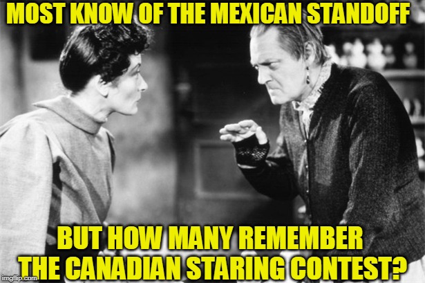 What's this all aboot? | MOST KNOW OF THE MEXICAN STANDOFF; BUT HOW MANY REMEMBER THE CANADIAN STARING CONTEST? | image tagged in just a joke | made w/ Imgflip meme maker