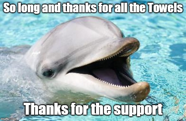 Dumb Joke Dolphin | So long and thanks for all the Towels; Thanks for the support | image tagged in dumb joke dolphin | made w/ Imgflip meme maker
