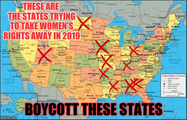 Men: You Can't Live With 'Em And You Can't Shoot 'Em ~ But You Can Cut Them Off | THESE ARE THE STATES TRYING TO TAKE WOMEN'S RIGHTS AWAY IN 2019; BOYCOTT THESE STATES | image tagged in map of united states,boycott,boycotting,abortion,women's rights,memes | made w/ Imgflip meme maker