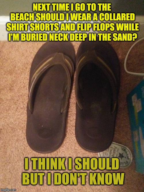 Flip Flops | NEXT TIME I GO TO THE BEACH SHOULD I WEAR A COLLARED SHIRT SHORTS AND FLIP FLOPS WHILE I'M BURIED NECK DEEP IN THE SAND? I THINK I SHOULD BUT I DON'T KNOW | image tagged in flip flops | made w/ Imgflip meme maker