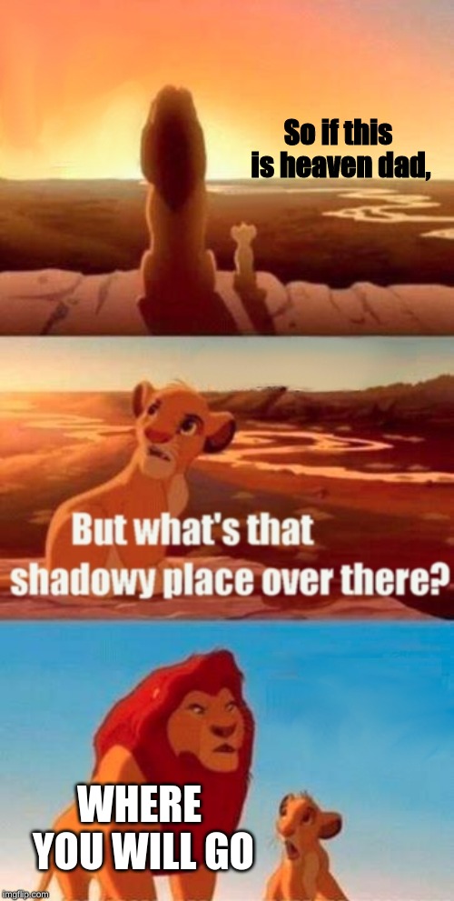 Simba Shadowy Place | So if this is heaven dad, WHERE YOU WILL GO | image tagged in memes,simba shadowy place | made w/ Imgflip meme maker
