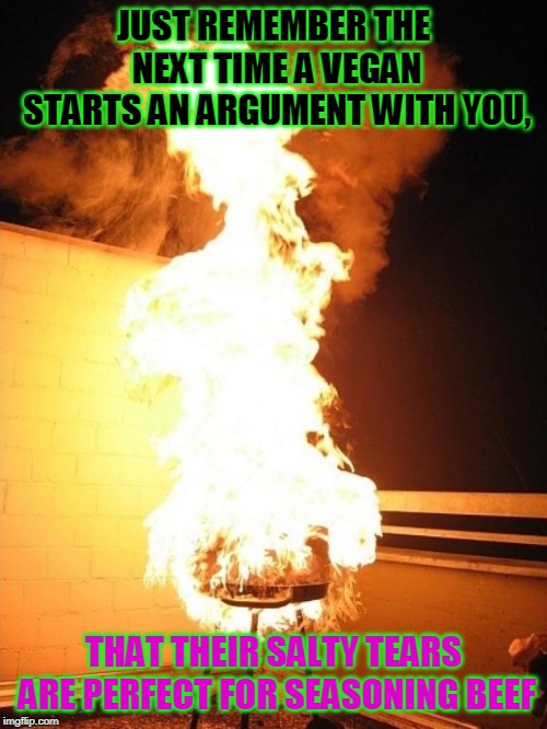 BBQ Grill on Fire | JUST REMEMBER THE NEXT TIME A VEGAN STARTS AN ARGUMENT WITH YOU, THAT THEIR SALTY TEARS ARE PERFECT FOR SEASONING BEEF | image tagged in bbq grill on fire | made w/ Imgflip meme maker