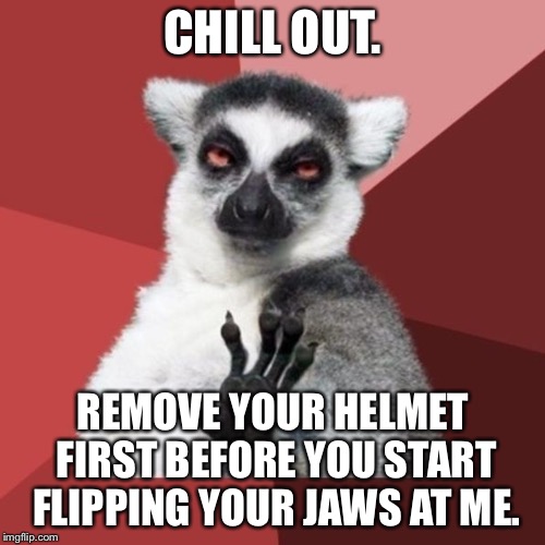 I can’t read your face or hear your words when your helmet is still on | CHILL OUT. REMOVE YOUR HELMET FIRST BEFORE YOU START FLIPPING YOUR JAWS AT ME. | image tagged in memes,chill out lemur,helmet,nascar,argument,advice | made w/ Imgflip meme maker