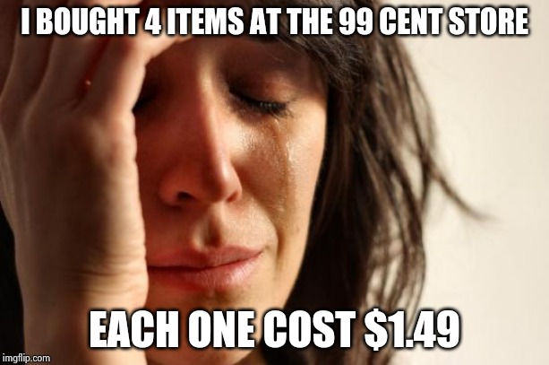 First World Problems Meme | I BOUGHT 4 ITEMS AT THE 99 CENT STORE EACH ONE COST $1.49 | image tagged in memes,first world problems | made w/ Imgflip meme maker