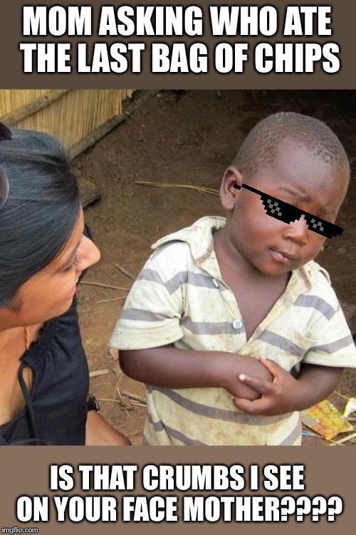 Third World Skeptical Kid | MOM ASKING WHO ATE THE LAST BAG OF CHIPS; IS THAT CRUMBS I SEE ON YOUR FACE MOTHER???? | image tagged in memes,third world skeptical kid | made w/ Imgflip meme maker