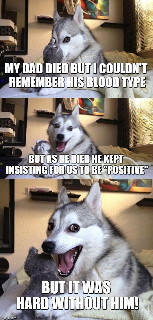 I wish I knew my dads blood type before he dies? | MY DAD DIED BUT I COULDN'T REMEMBER HIS BLOOD TYPE; BUT AS HE DIED HE KEPT INSISTING FOR US TO BE "POSITIVE"; BUT IT WAS HARD WITHOUT HIM! | image tagged in memes,bad pun dog,blood,positivity,dad joke dog,died | made w/ Imgflip meme maker