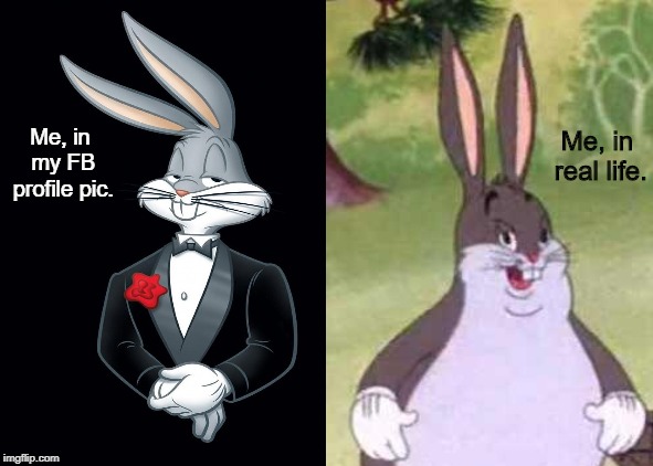 Who else cares to admit it? | Me, in real life. Me, in my FB profile pic. | image tagged in bugs bunny,facebook,honesty,memes | made w/ Imgflip meme maker