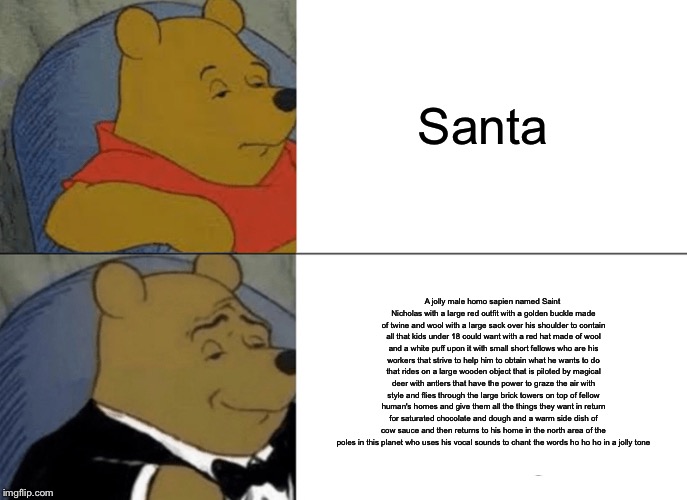 Tuxedo Winnie The Pooh Meme | Santa; A jolly male homo sapien named Saint Nicholas with a large red outfit with a golden buckle made of twine and wool with a large sack over his shoulder to contain all that kids under 18 could want with a red hat made of wool and a white puff upon it with small short fellows who are his workers that strive to help him to obtain what he wants to do that rides on a large wooden object that is piloted by magical deer with antlers that have the power to graze the air with style and flies through the large brick towers on top of fellow human's homes and give them all the things they want in return for saturated chocolate and dough and a warm side dish of cow sauce and then returns to his home in the north area of the poles in this planet who uses his vocal sounds to chant the words ho ho ho in a jolly tone | image tagged in memes,tuxedo winnie the pooh | made w/ Imgflip meme maker