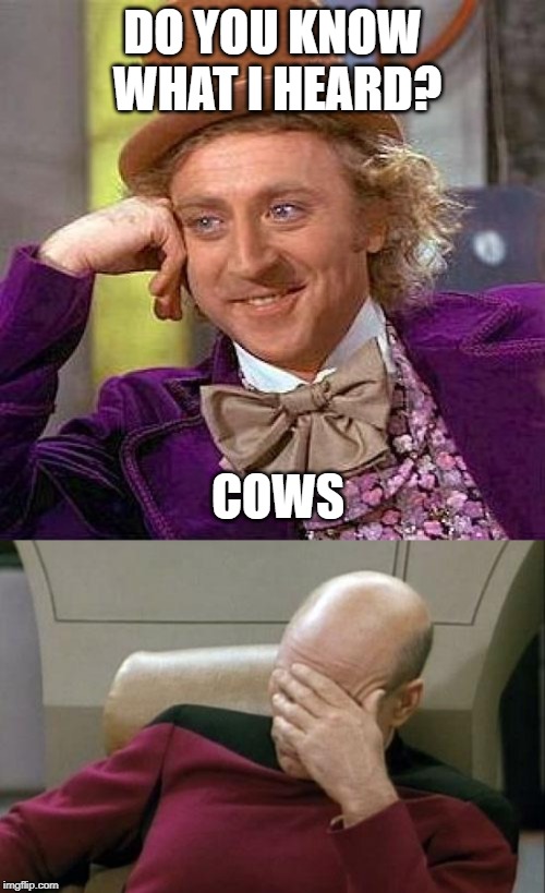 DO YOU KNOW WHAT I HEARD? COWS | image tagged in memes,creepy condescending wonka,captain picard facepalm | made w/ Imgflip meme maker