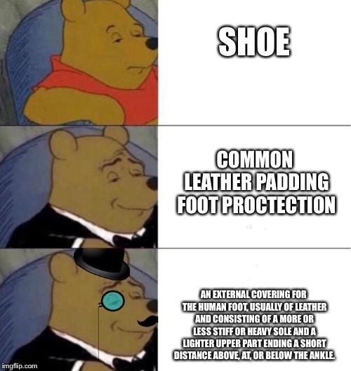 Winnie the pooh elegant x3 | SHOE; COMMON LEATHER PADDING FOOT PROCTECTION; AN EXTERNAL COVERING FOR THE HUMAN FOOT, USUALLY OF LEATHER AND CONSISTING OF A MORE OR LESS STIFF OR HEAVY SOLE AND A LIGHTER UPPER PART ENDING A SHORT DISTANCE ABOVE, AT, OR BELOW THE ANKLE. | image tagged in winnie the pooh elegant x3 | made w/ Imgflip meme maker
